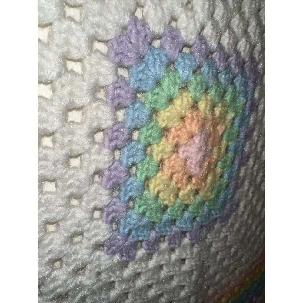 NEW Pastel Rainbow Crochet Knit Blanket 3‎ Feet 3' White Baby Boy Girl Square